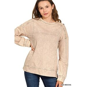 Zenana Acid Wash French Terry Exposed-Seam Pullover Ash Mocha
